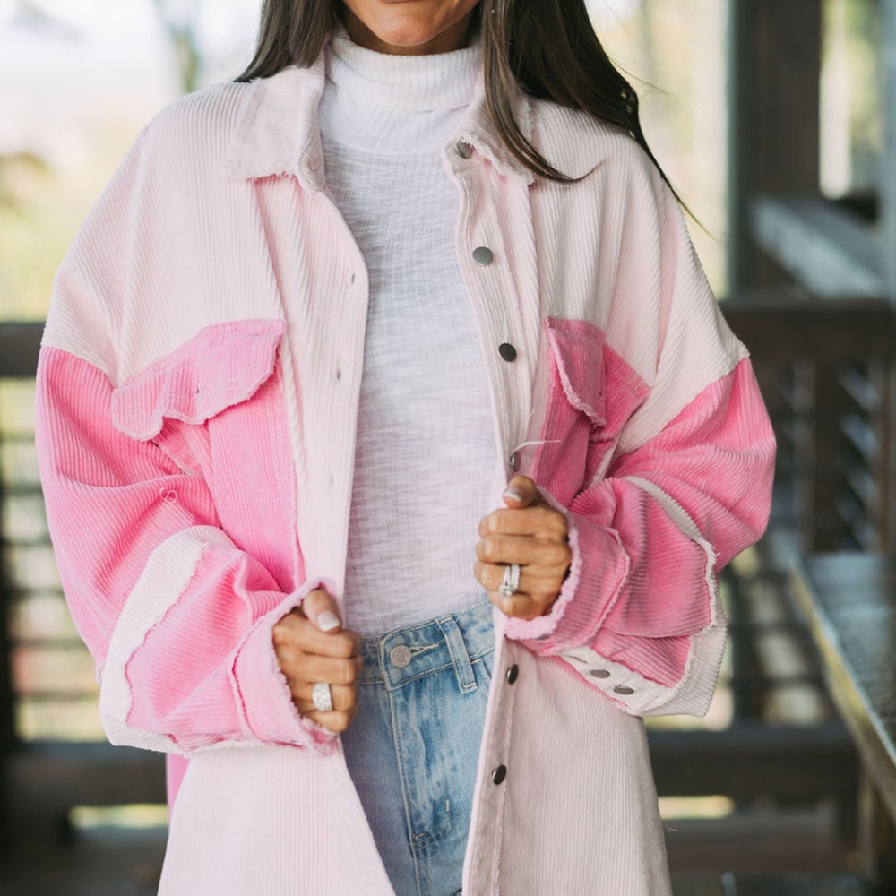 B138 Delicacy Two-Tone Color Exposed Seam Corduroy Shacket